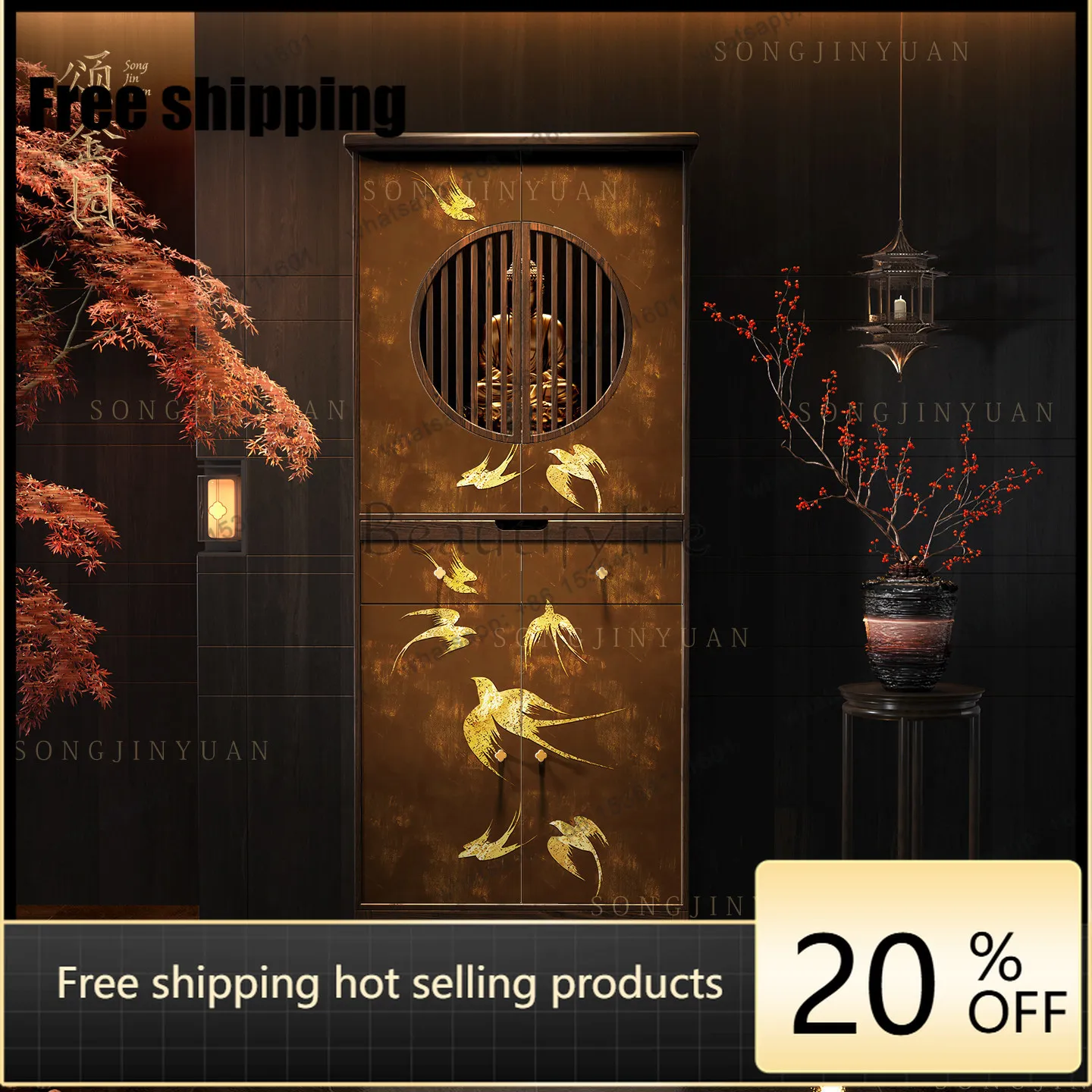 LX new Chinese solid wood Buddhist niche vertical cabinet with door Guanyin Bodhisattva God of Wealth offering platform