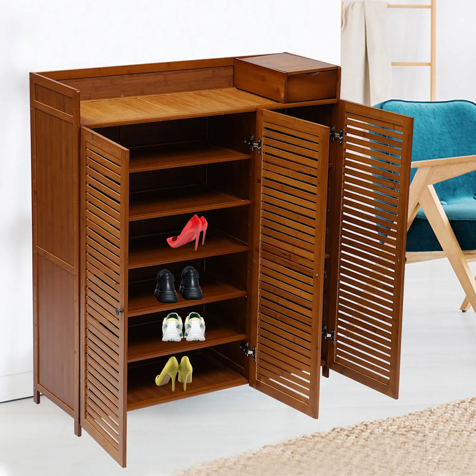 

Bamboo Shoe Storage Cabinet 7 Tier Shoes Rack with Door Free Standing Shoe Rack Shoe Organizer for Entryway Hallway Living Room