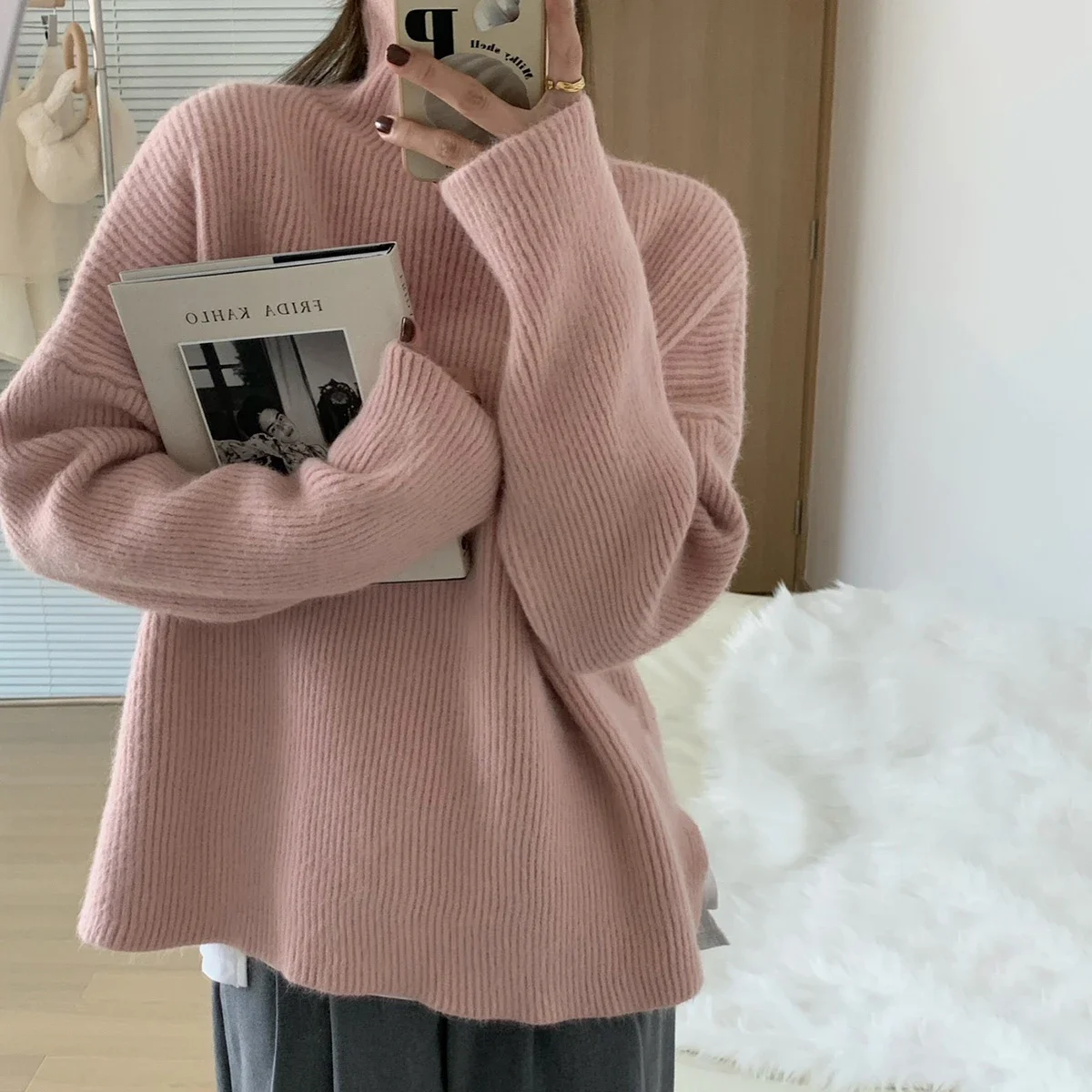 Women Vintage Lazy Style Turtleneck Sweater Loose Thick Pullover Knit Jumper Casual Warm Base Layer Outerwear