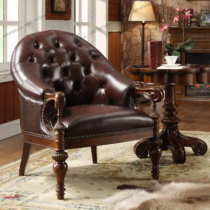 XX. American leather retro single sofa chair solid wood leisure reception chair