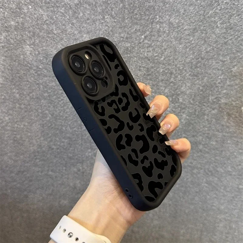 Capa de telefone de silicone com estampa de leopardo preto para iPhone 11 12 13 14 15 16 PROMAX PLUS XR XSMAX 7 8 PLUS capa macia à prova de choque