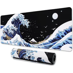 Gaming Laptop Mouse Pad Sea Wave Big Mice Pads PC Keyboard and Non-Slip Rubber Table Mat Kanagawa Surfing and Black Japanese
