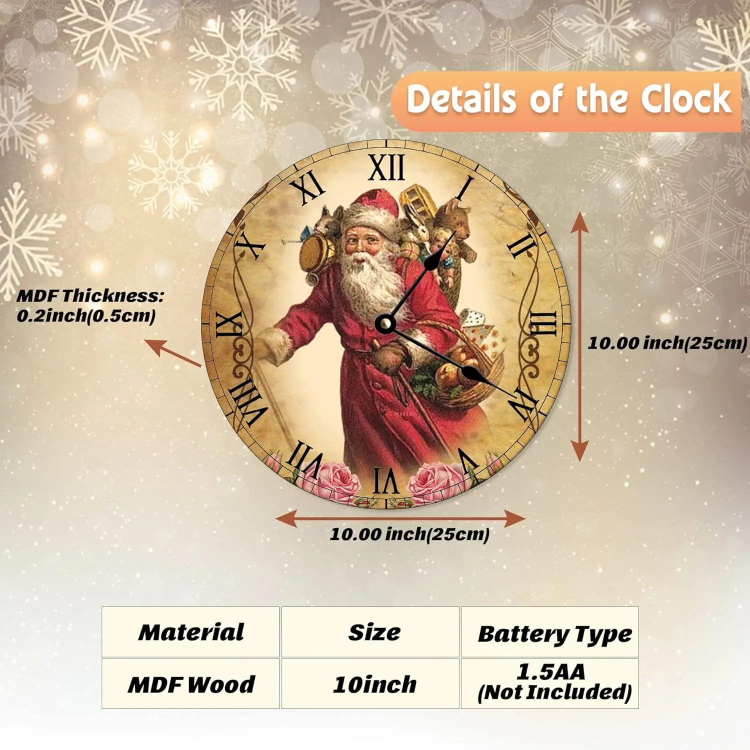 Christmas Santa Claus Skiing Wall Clock Battery Operated Easy to Read Xmas Round Clock Silent Non Ticking Rustic Winter