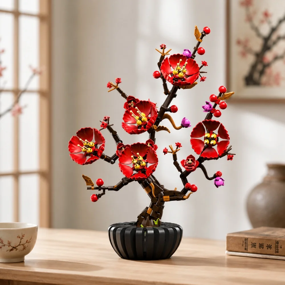 Plum Blossom Bonsai Building Blocks, 599Pcs Flower Bouquet Set, Detailed Botanical Plant Bricks, Desktop Ornament Gift view 4