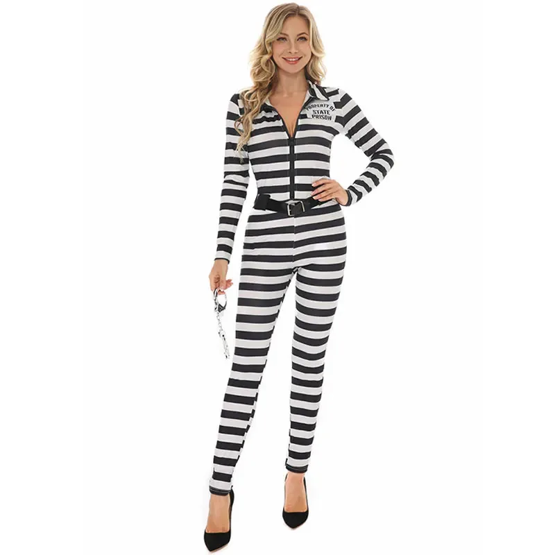 LQHalloween Disfraz de prisionero para mujer, prisión a rayas, mono de prisioneros escapados, disfraces de Cosplay, vestido criminal de cárcel femenino
