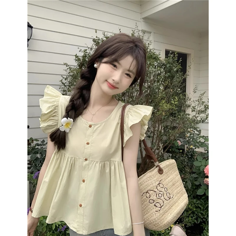 

Pure Cotton Summer Doll irt round Ne Gentle Fce Svel Top Korean Sle Loose Fit Faionable Women's Blouse