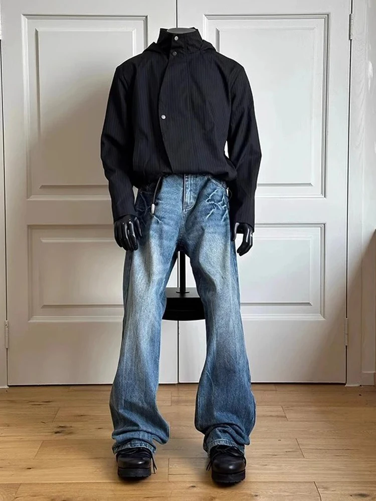 

Retro Blue Washed Lightning Pattern Men's Jeans Straight Leg Long Trousers CleanFit Design Trendy Brand Youth Fashion