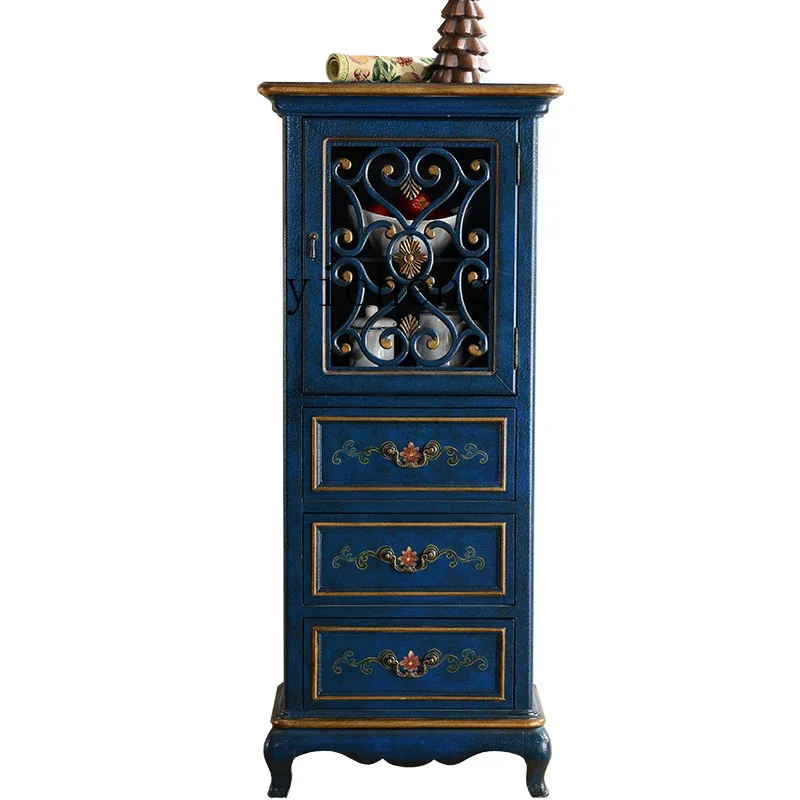 r8.11- villa retro solid wood living room wine cabinet old hollow carved locker kitchen storage cabinet