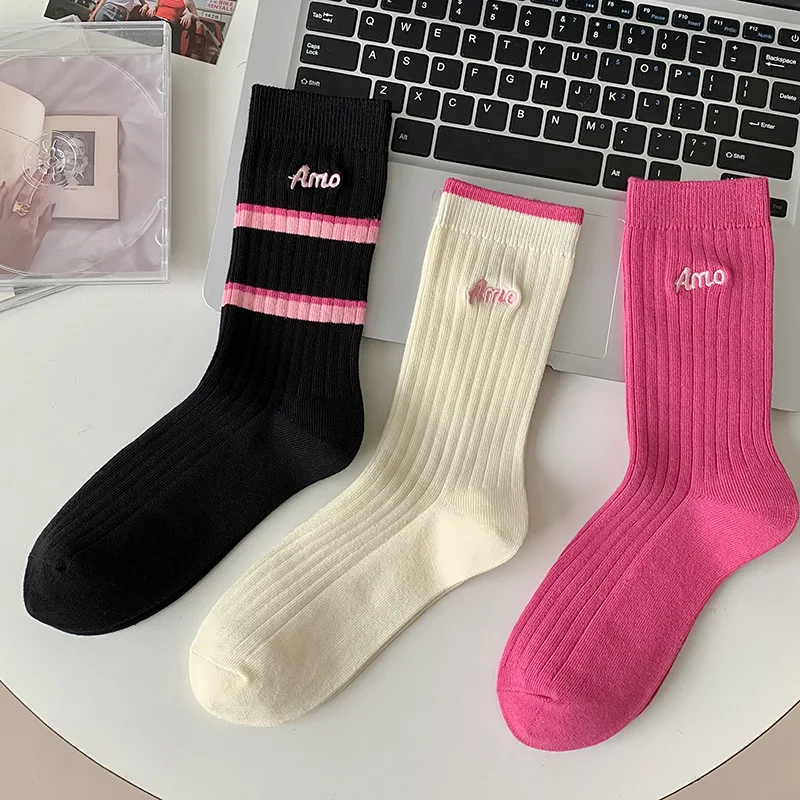 Autumn and Winter New Rose Red Socks Women's Mid-tube Socks Ins Tide Wear Sports Socks Spring and Autumn Korean Stockings