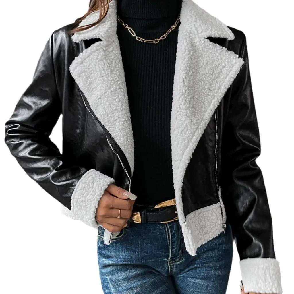 여성용 패션 캐주얼 긴 소매 가죽 재킷 단색 지퍼 플리스 안감 짧은 우아한 봄 가을 재킷