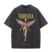 Camiseta Retro de algodón lavada de la banda de rock de Nirvana para hombre en álbum de útero, camiseta de gran tamaño Y2K para mujer, ropa informal holgada informal