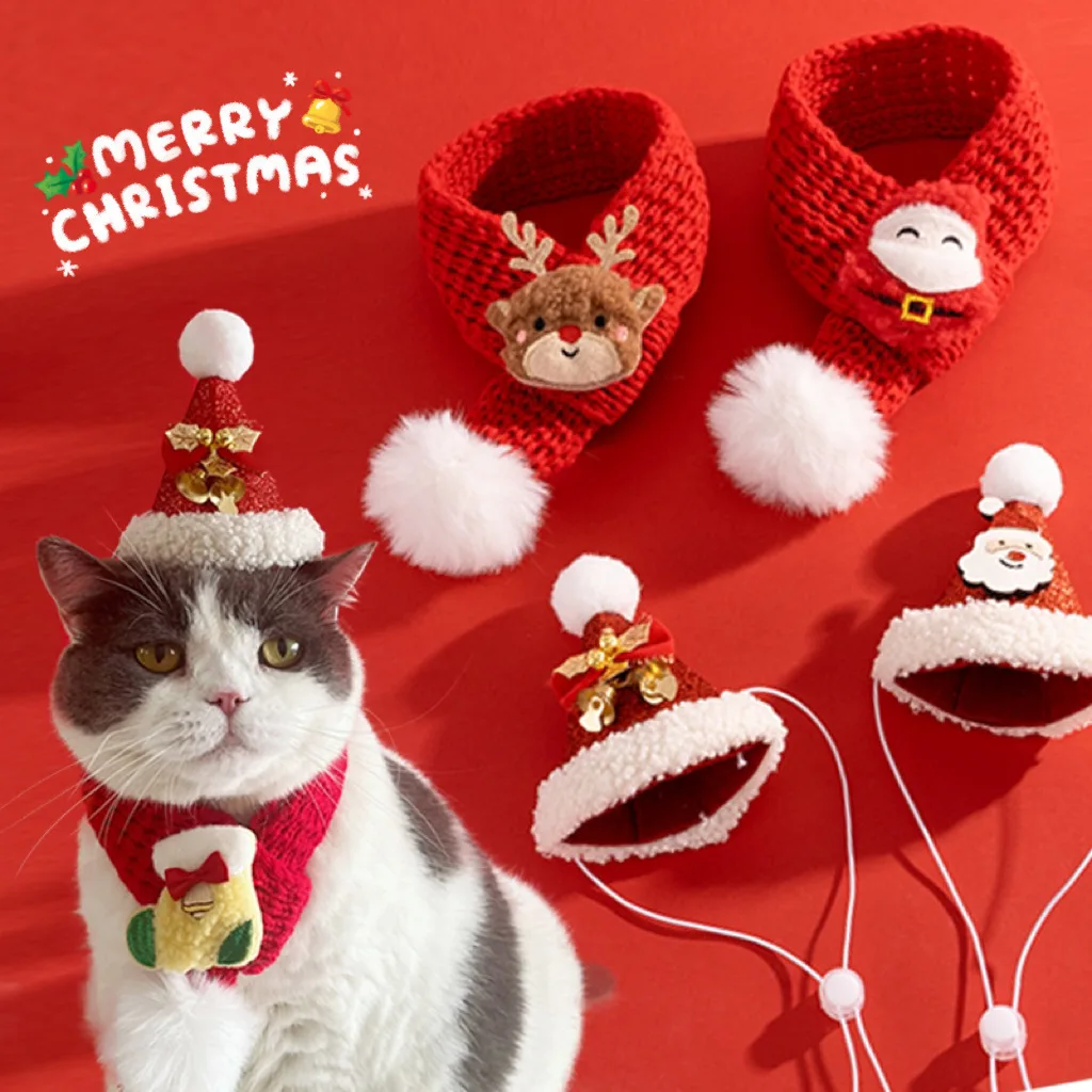 New Pet Christmas Cat Scarf Headband Small And Medium-sized Dog Knitted Yarn Hanging Ball Reindeer Costume