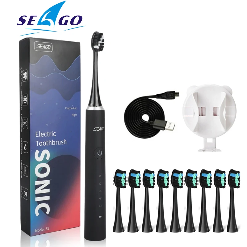 Seago S2 Adult Electric Toothbrush Rechargeable Sonic Tooth Brush 5 Brushing Modes 10 Brush Heads 2 Min Timer IPX7 Waterproof