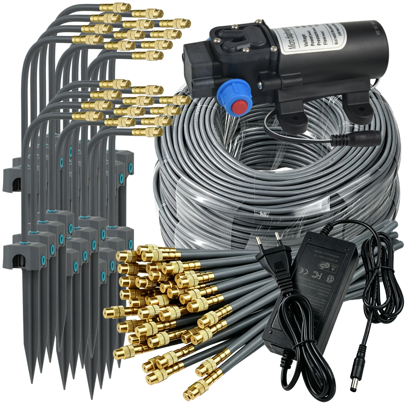 30M-5M 60W Pump Brass Nozzle Misting Cooling System for Outdoor Garden Timer Fogging Spraying Kit Atomizing Drip Irrigation Kit