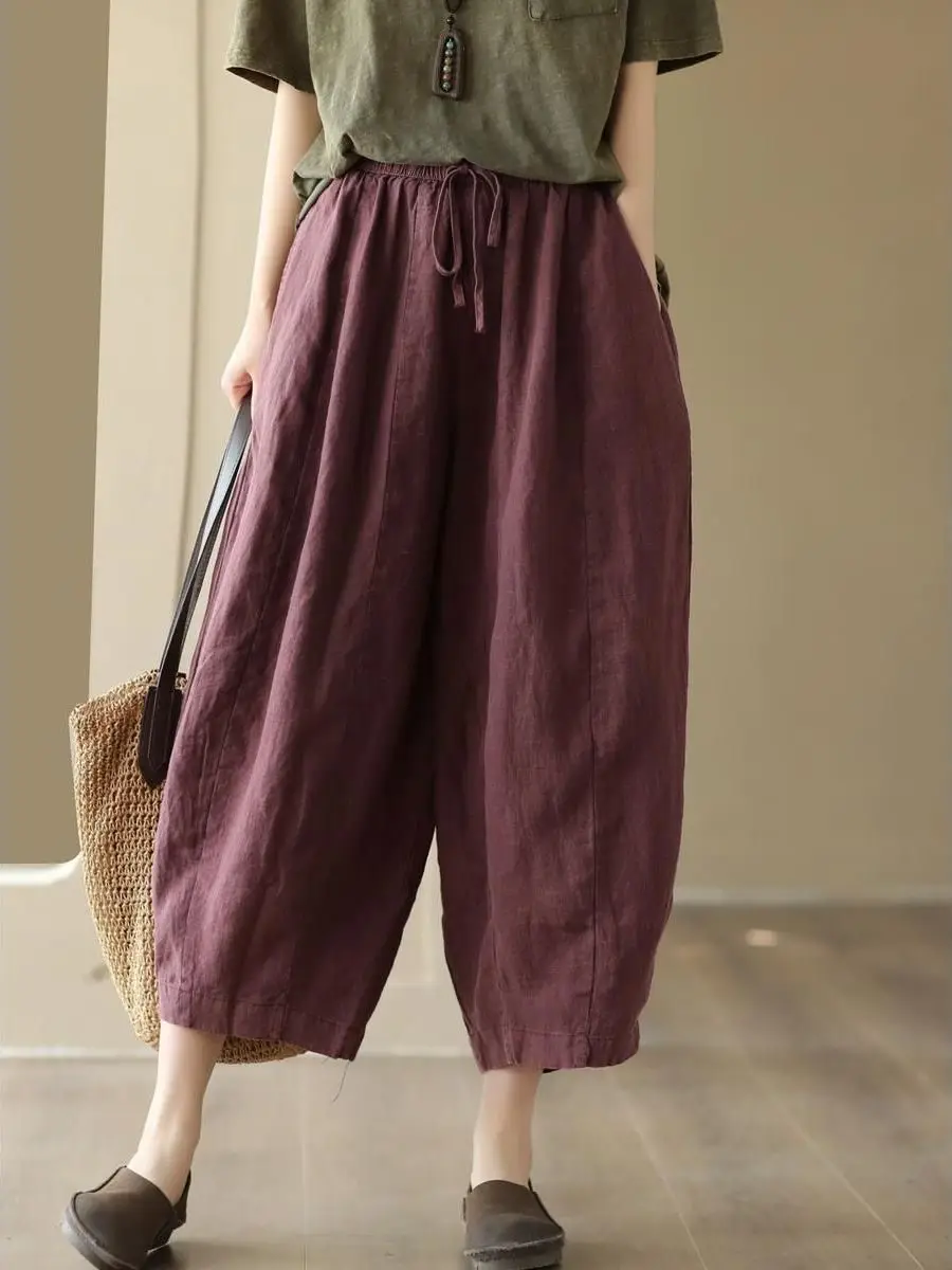 Taille haute coton lin décontracté neuf pièces pantalon ceinturé sarouel ample Vintage ample minceur lanterne pantalon été femmes...