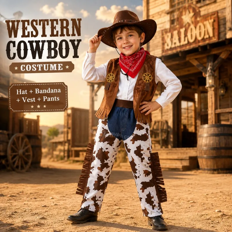 Kids Cowboy Costume Western Outfit for Boys Halloween Cosplay Party Fancy Dress Vest Pants Hat Bandana Set
