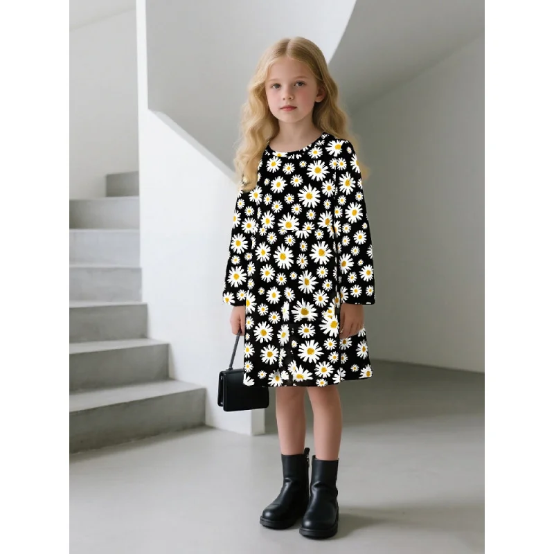 

2025 girls' daisy print long-sleeved dress, sweet and fresh children's floral dress, fashionable girls' spring and autumn dress