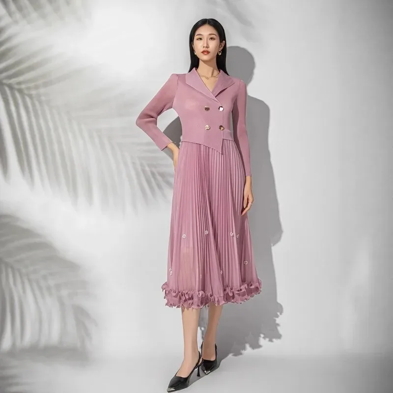 Miyake Fashion Dress 2026 New Pleated Fashion Lace Long-sleeved Suit Collar Commuter Waisted Large Size Elastic Long Dresses
