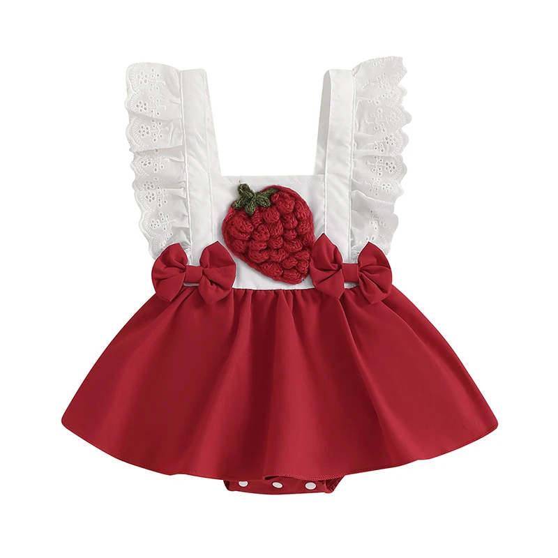 Baby Girls Rompers Dress Strawberry Embroidery Bow Lace Fly Sleeve Skirt Hem Jumpsuits Summer Clothes Bodysuits