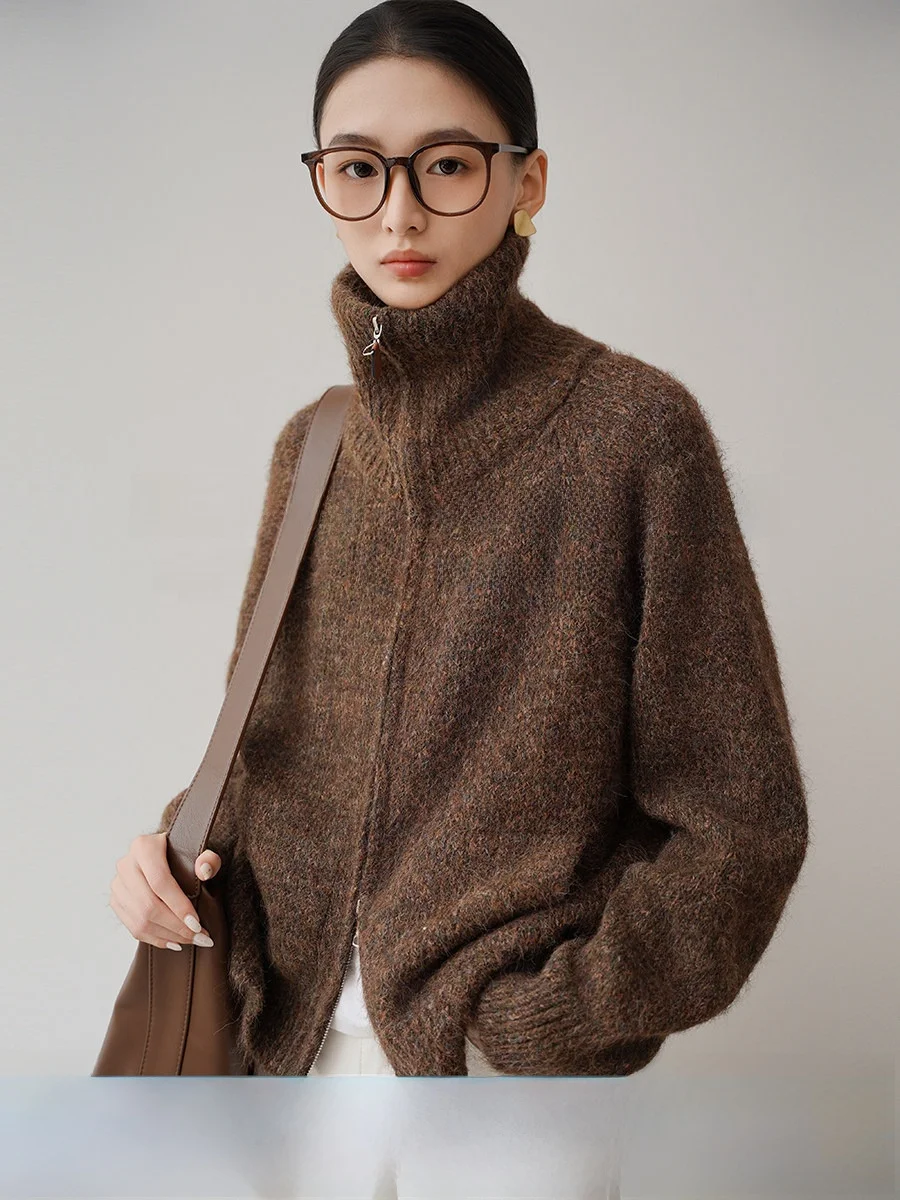 

Achu Double Zipper Loose Women's Knitted Sweater Cardigan Coffee Color Lazy Sle Thi Outerwear for Autumn And Winter