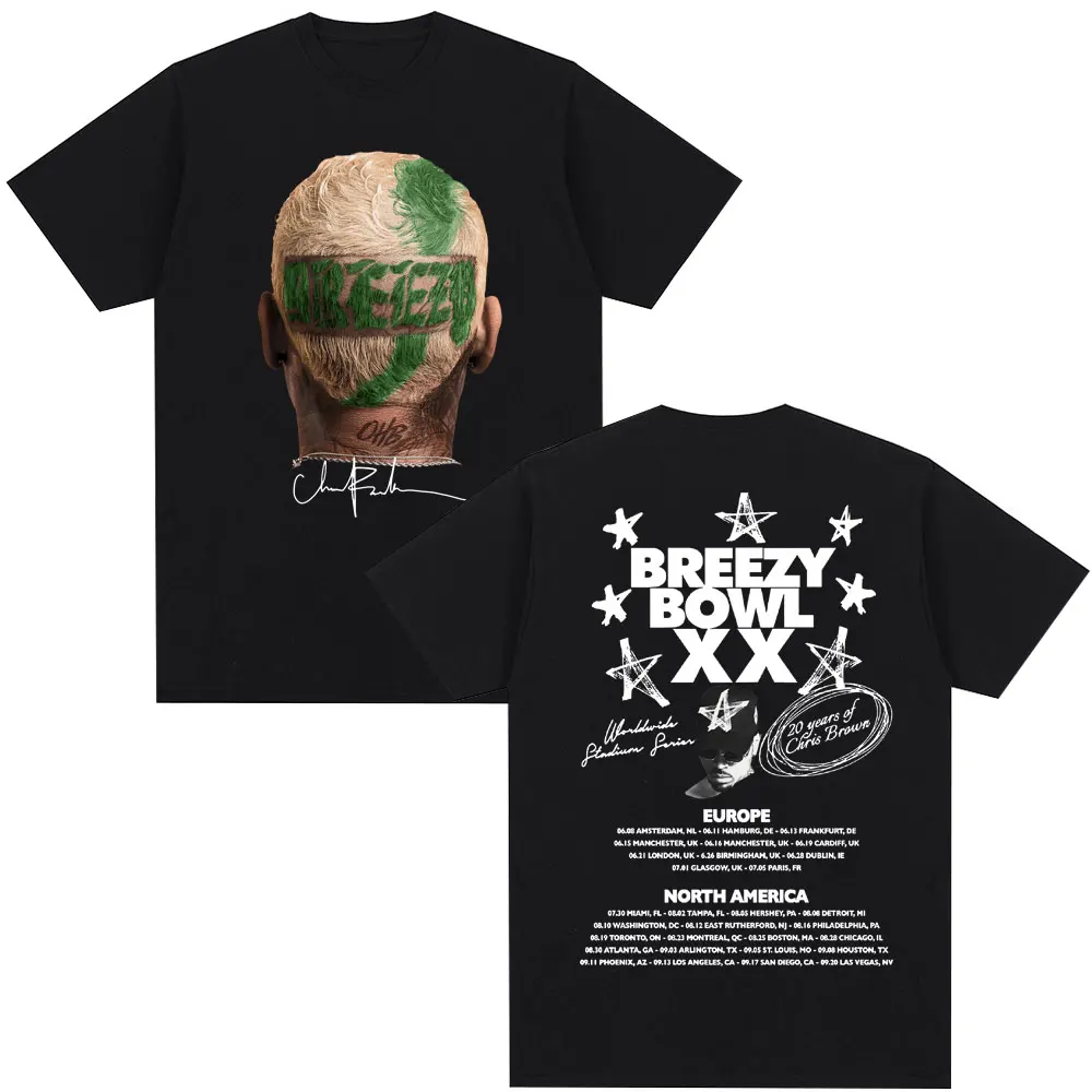 

Рэпер Крис Браун Breezy Bowl XX 2025 Tour Футболки Хип-хоп Модные футболки с круглым вырезом Мужчины Женщины Винтаж Уличная одежда с короткими рукавами