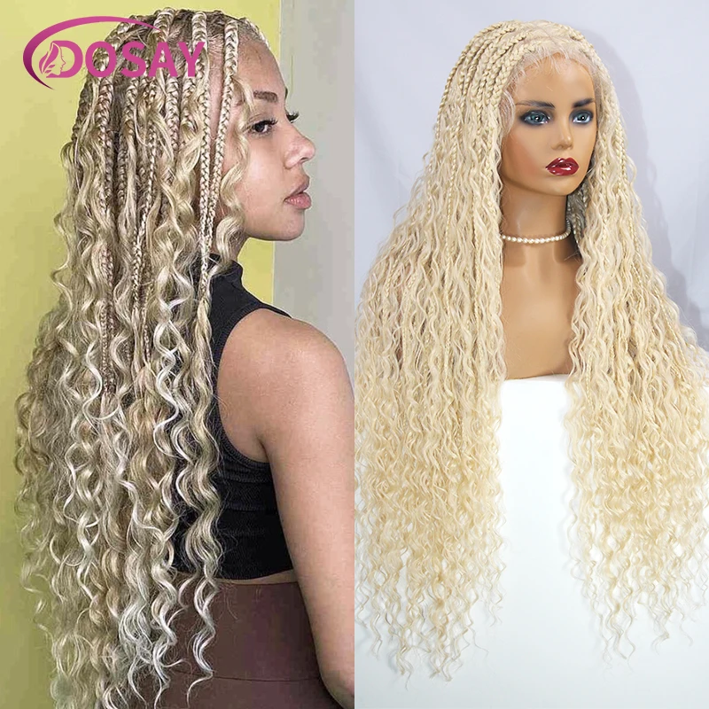 Perruque Synthétique Tressée Sans Nministériels d Style Boho, Cheveux Bouclés Blonds, Tressage de Déesse, Tresse Torsadée, 32 Pouces