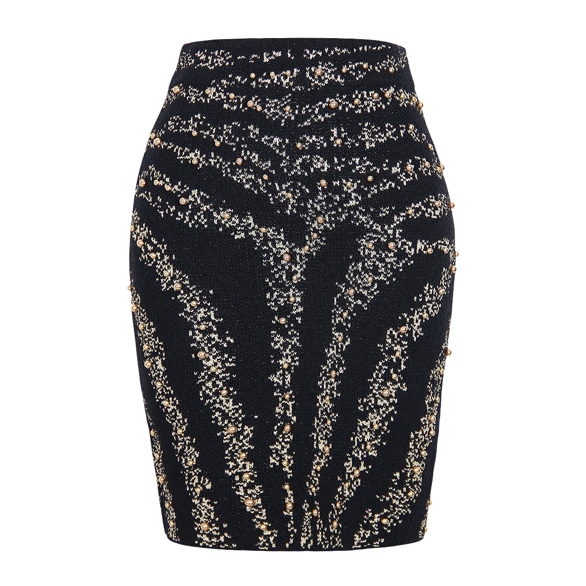 

SML High Quality Fashion Zebra Textured Knitted Elastic Fabric Slim Fit Zipper Gold Beaded Black Women's Half Length Short Skirt