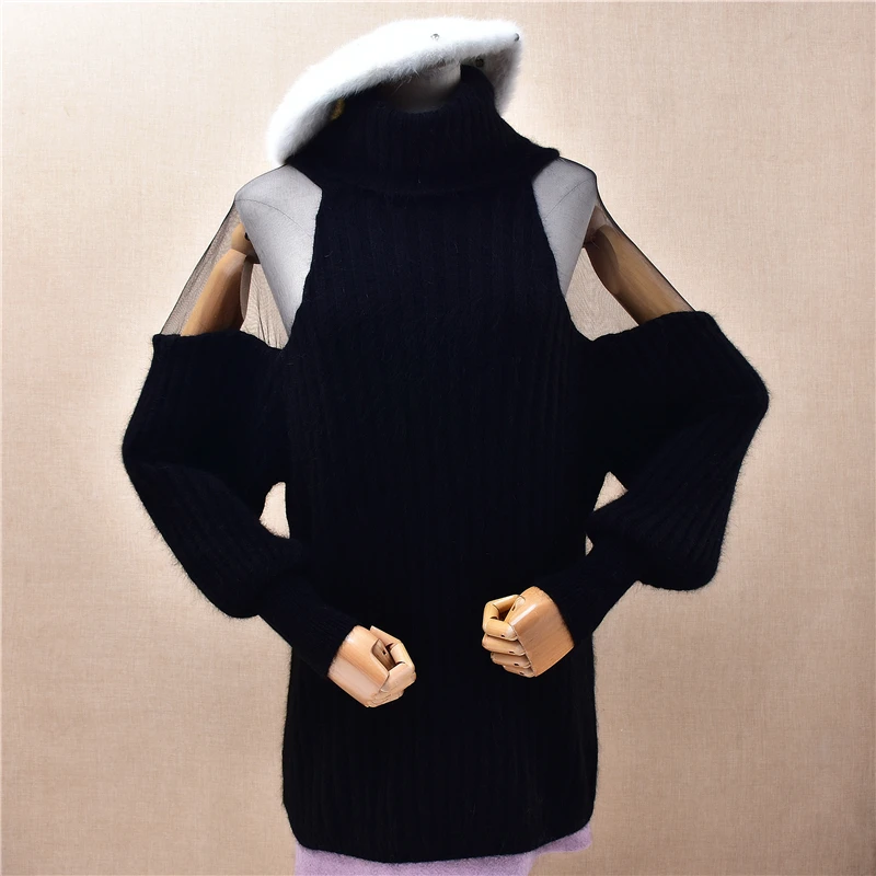 

Женский осенне-зимний модный черный волосатый кружевной водолазка из ангорского кролика с длинными рукавами-фонариками в полоску, свободный свитер, джемпер