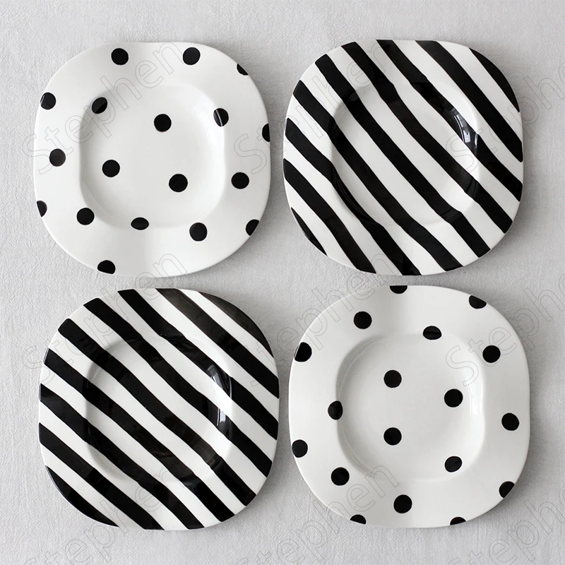 Black White Polka Dot Striped Ceramic Plate Nordic Modern Underglaze Irregular Deep Dish Dessert Plates Afternoon Tea Tableware