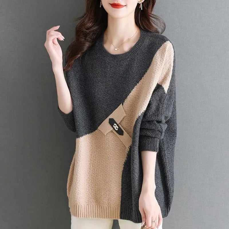 

Осенне-зимний новый стильный утолщенный вязаный свитер для женщин, нижняя рубашка в стиле пэчворк, внутренний топ