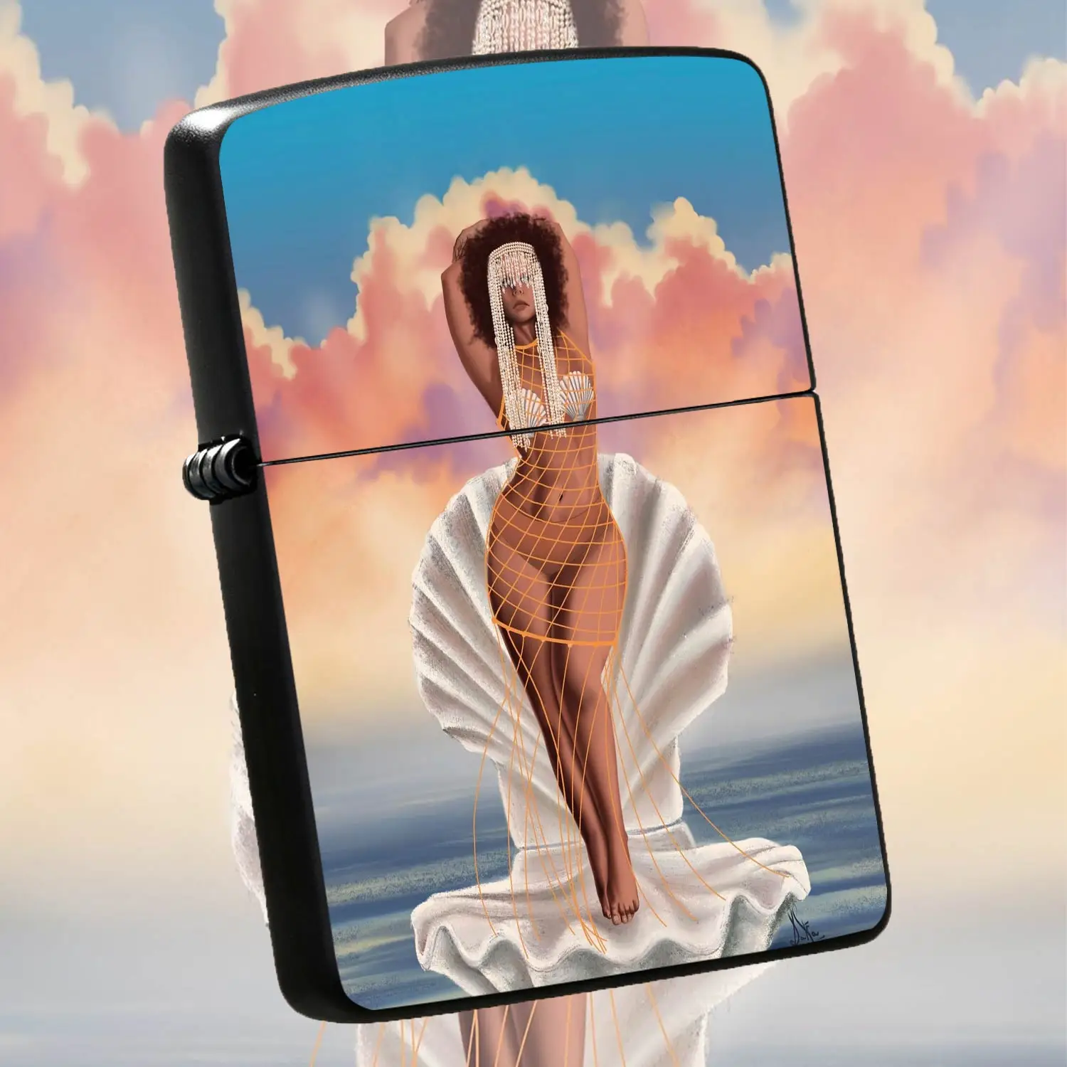 Creative Venus Birth Art Printed Lighter, Aesthetic Sunset Seaside Black Goddess Themed Unique Decor Item, Vibe Stylish Portable Gadget, Fits All Daily Scenarios, Ideal For Personal Use And Gifting With Distinct Artisti A Humorous And Inter