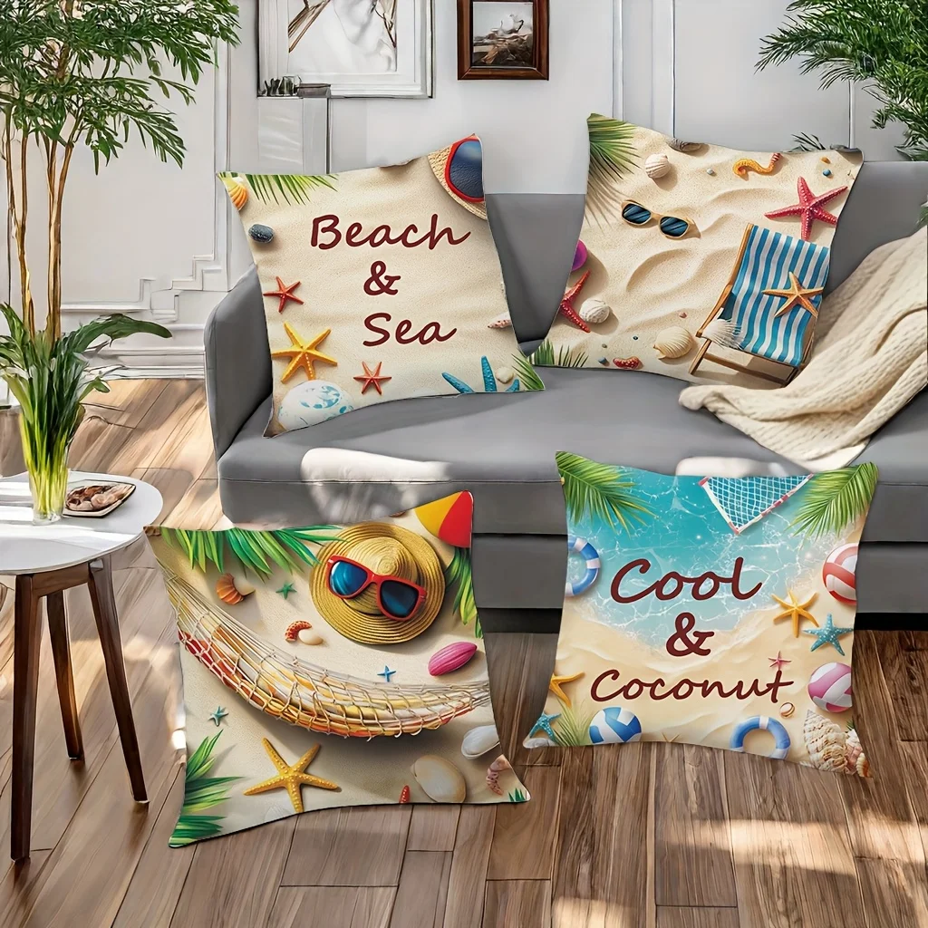 1PC 2D Flat Summer Beach Throw Pillow Covers Coastal Tropical Outdoor Decorative Cushion Cases for Patio Sofa Bedroom