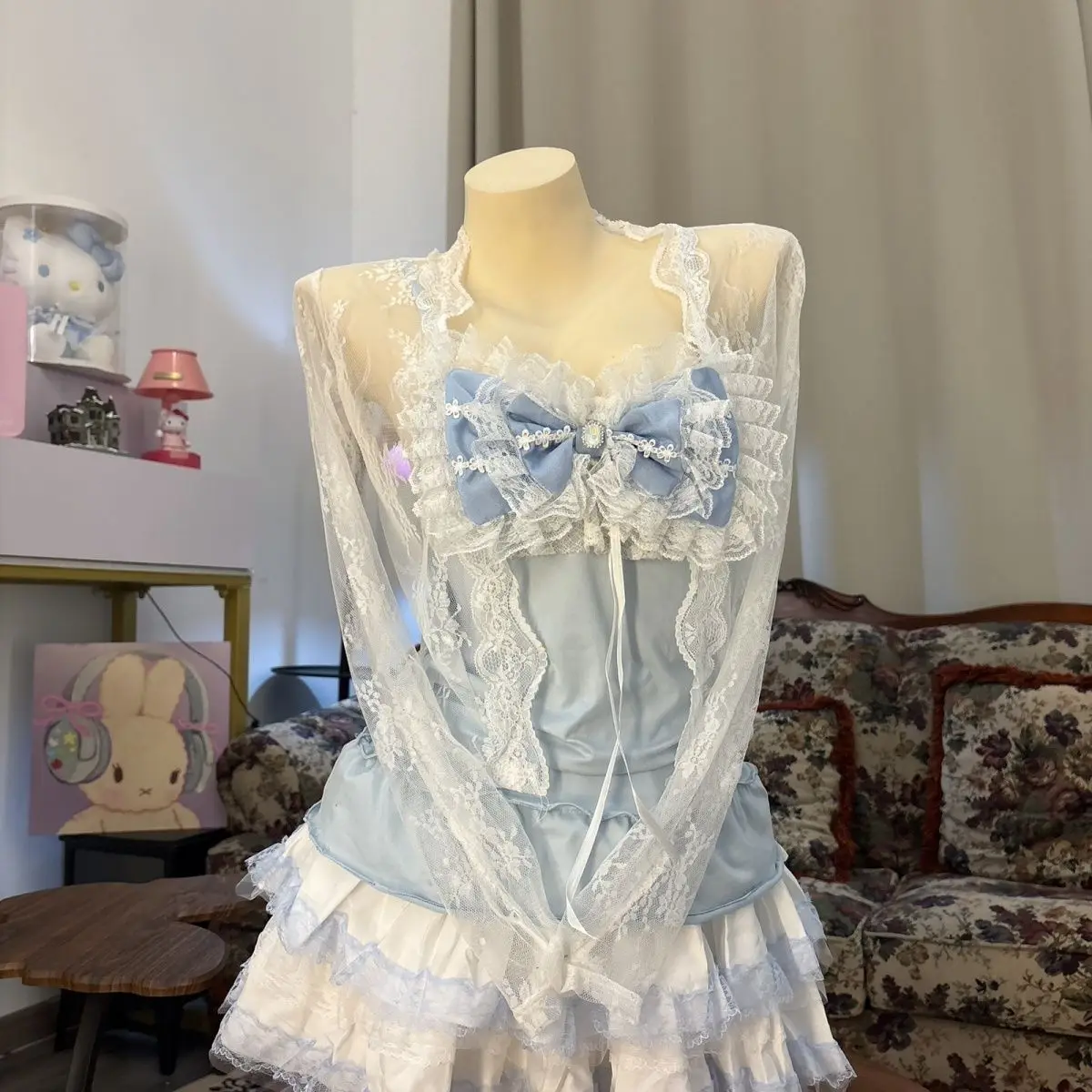 Y2K Sweet Lol 3-piece Costume Blue Bow Lace Sling Vest Ruffle Edge Cake Skirt Lace Cardigan Daily Cute Princess Cosplay Costume