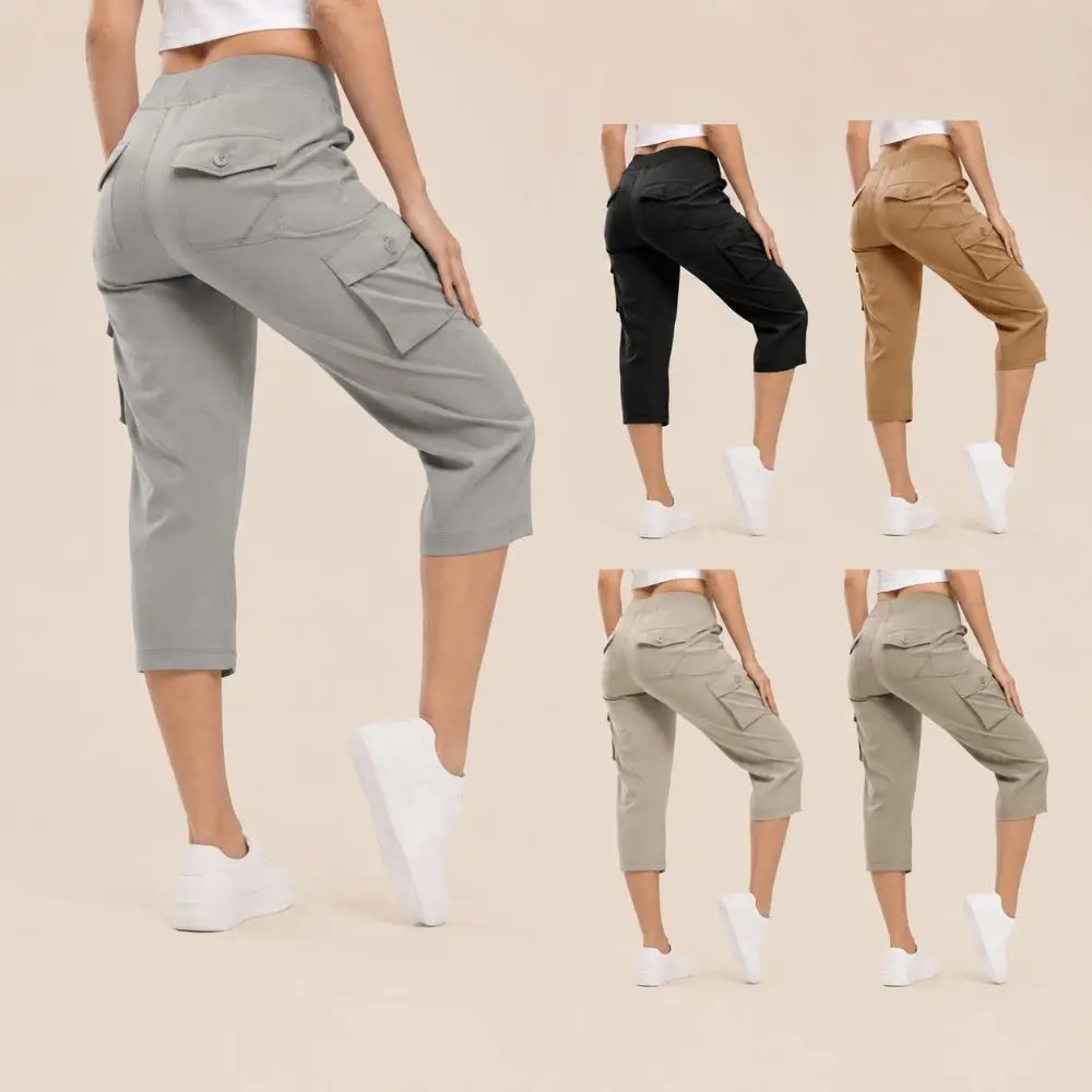 Quick Dry Fabric Women’s Hiking Pants Elastic Waistband Lightweight Feel Capri Pants Relaxed Fit Multiple Pockets Cargo Pants