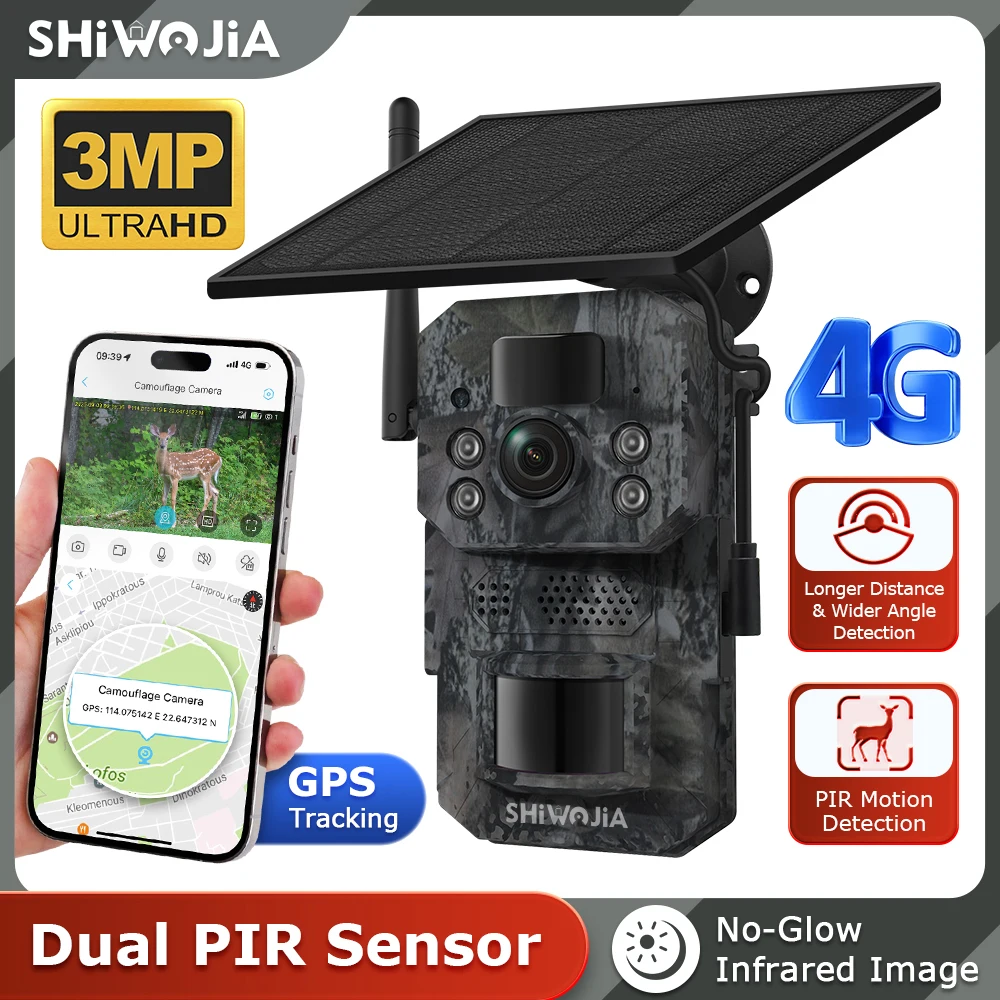 

SHIWOJIA 3MP Camouflage Solar Battery 4G SIM with GPS 2PIRHunting Trail PTZ Camera Night Vision 7800mAh Battery Two-Way Audio
