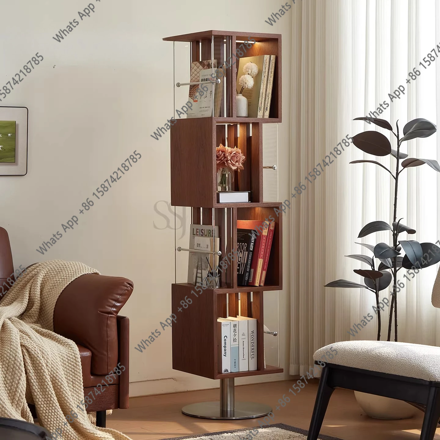 Black rotating floor bookshelf, living room bookshelf with ambient light, solid wood magazine storage, medieval retro bookcase