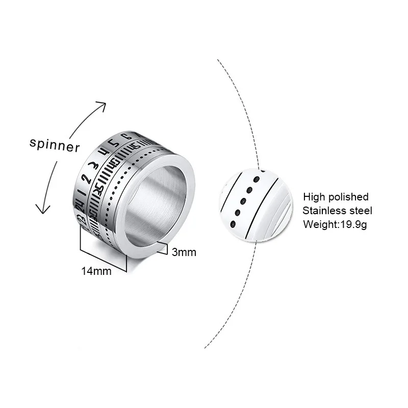 Мужские кольца в форме времени, серебряное вращающееся кольцо из нержавеющей стали с арабскими цифрами, форма календаря Anel Masculino, модные украшения