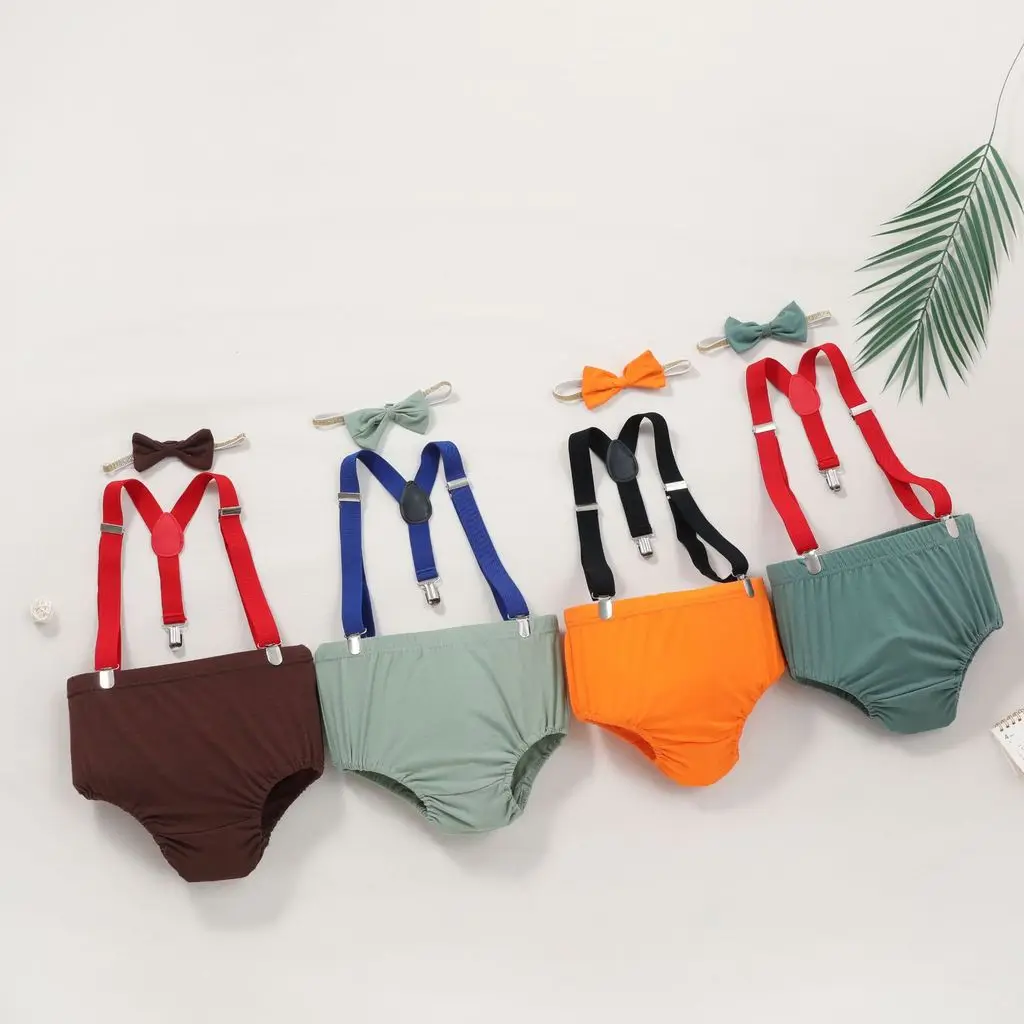 Baby First Birthday Cake Smash Outfit Photoshoot Cute 3pcs Set Newborn PP Shorts with Bow Tie Suspender Summer Clothes for Boys