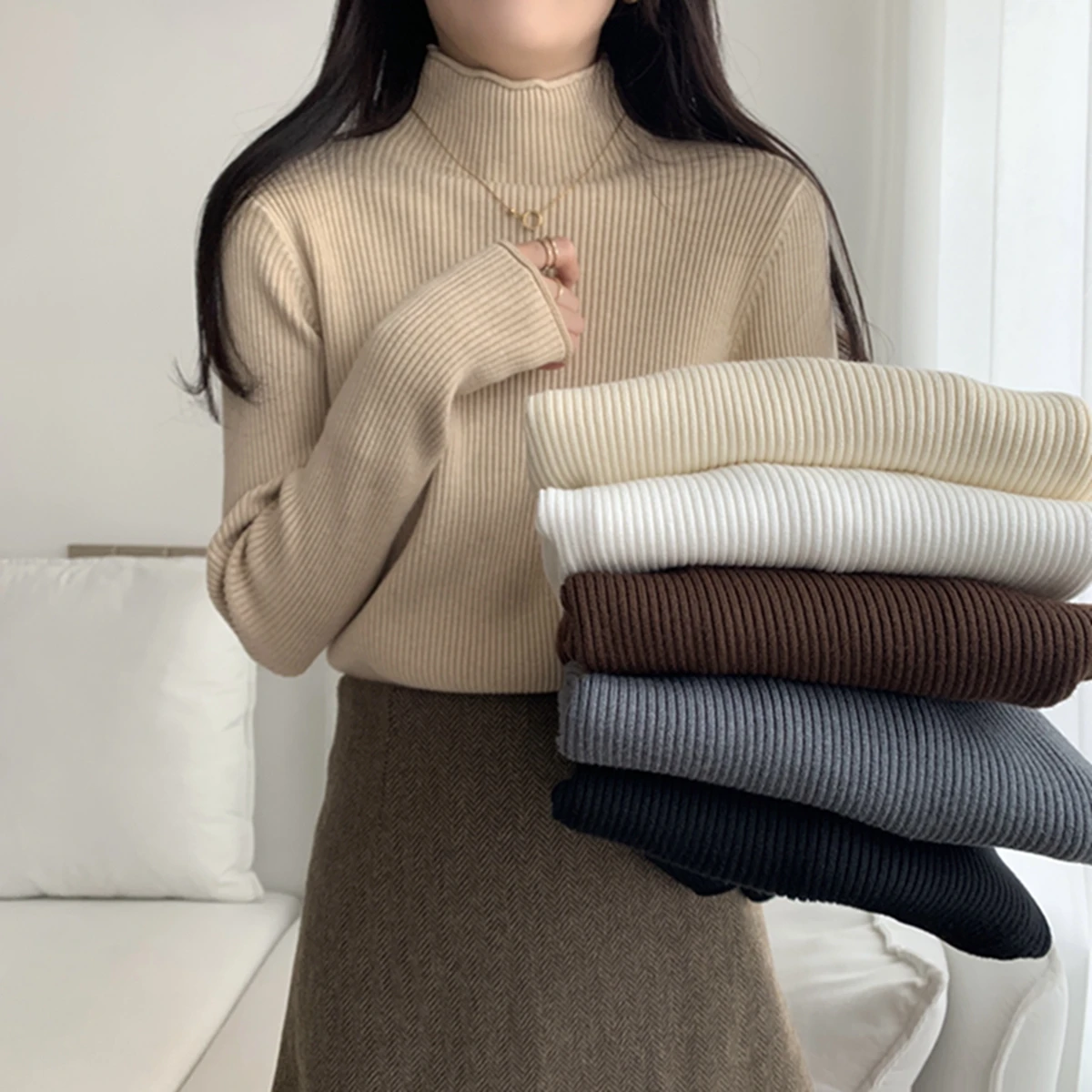 Vintage basique solide tricoté hauts automne hiver col roulé femmes pull décontracté solide mince pull coréen Simple Chic pulls