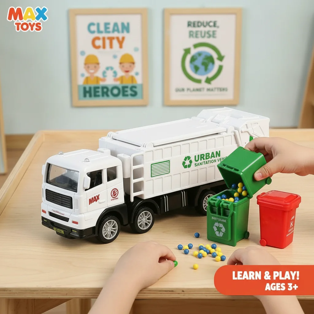 Camion poubelle éducatif à inertie pour enfants, véhicule de recyclage réaliste avec bacs à déchets, jeu de rôle environnemental