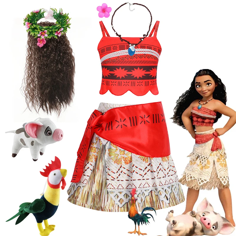 Disney-vestidos de Moana para niñas, disfraz de princesa, ropa de fantasía informal de verano, vestido de princesa Vaiana, collar, peluca