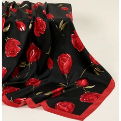 Summer Casual Rose Printed Hijab Bandana Square Satin Silk Scarf For Muslim Woman Hairband Ladies Wraps Headband 85*85cm