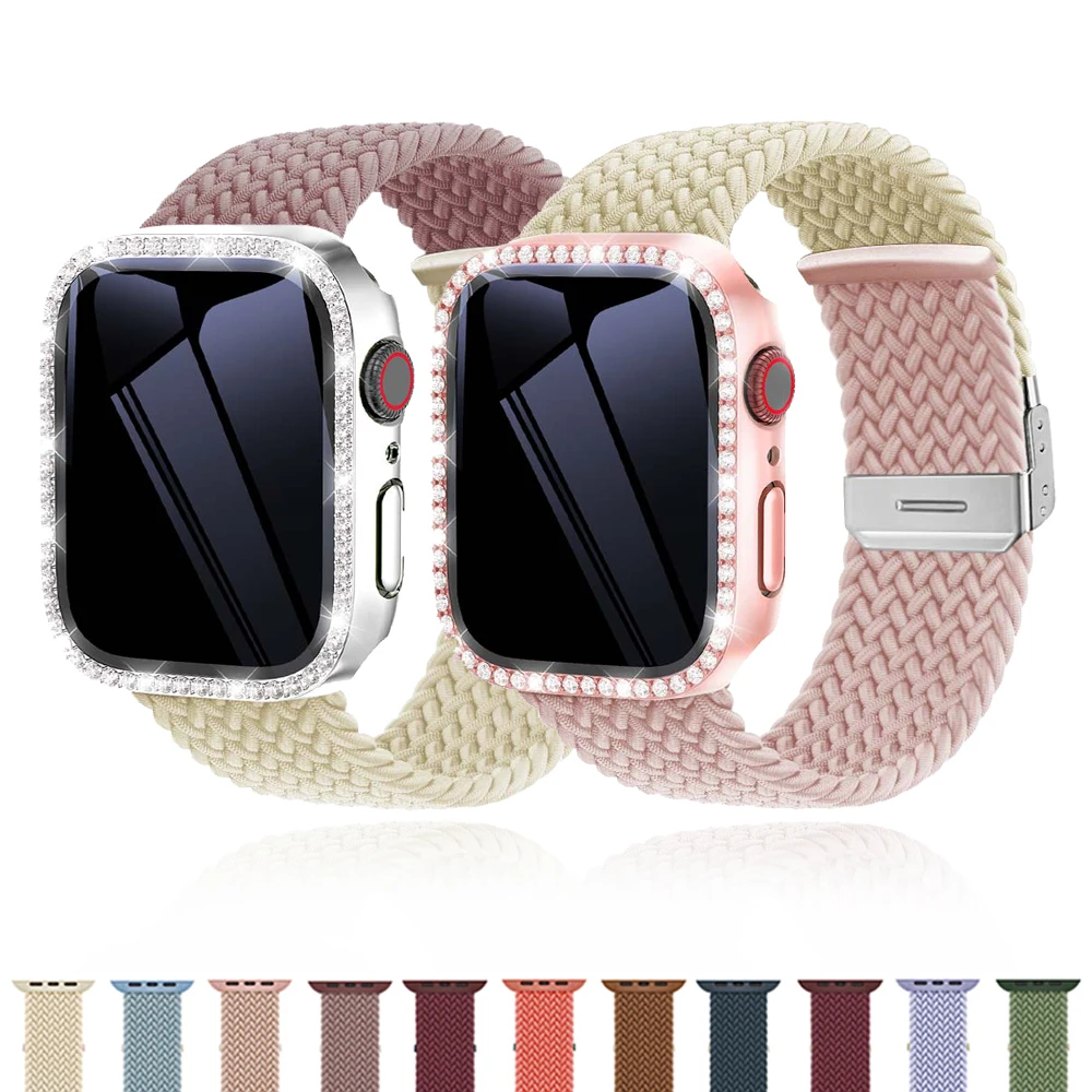 Pasek do zegarka Apple Watch 44 mm 45 mm 40 mm 41 mm Pleciony pasek z pętlą Solo z diamentowym szkłem + osłona do bransoletki iWatch Series 9 7 8 6 5SE