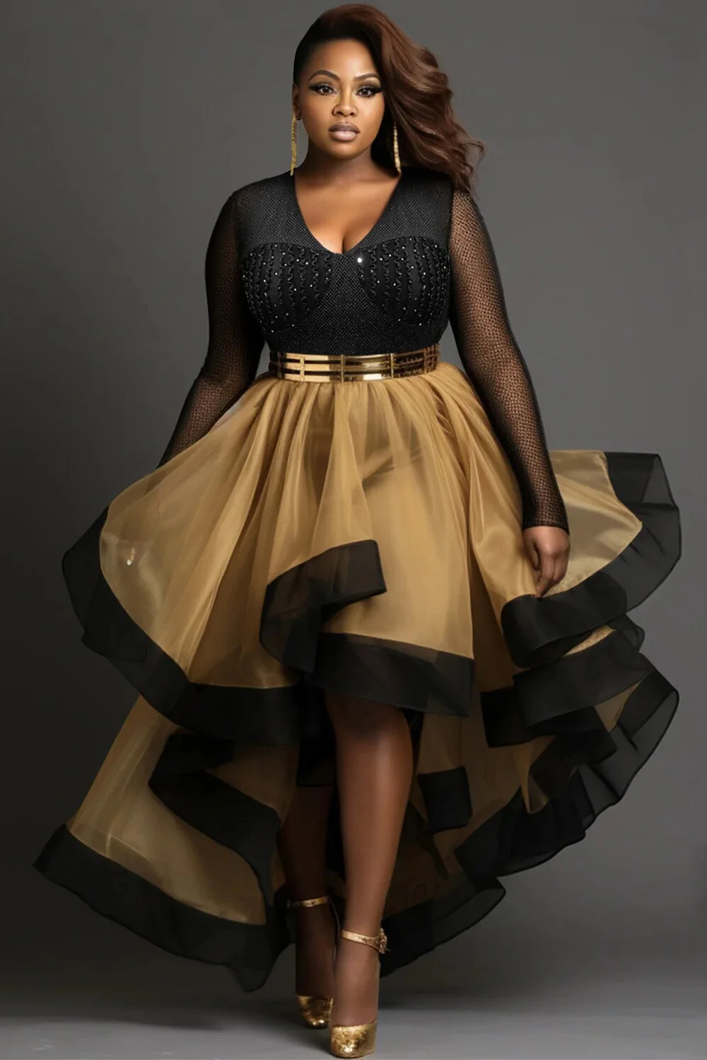 

Plus Size Cocktail Party Black Gold V Neck Long Sleeve High Low Hem Tulle Midi Dresses