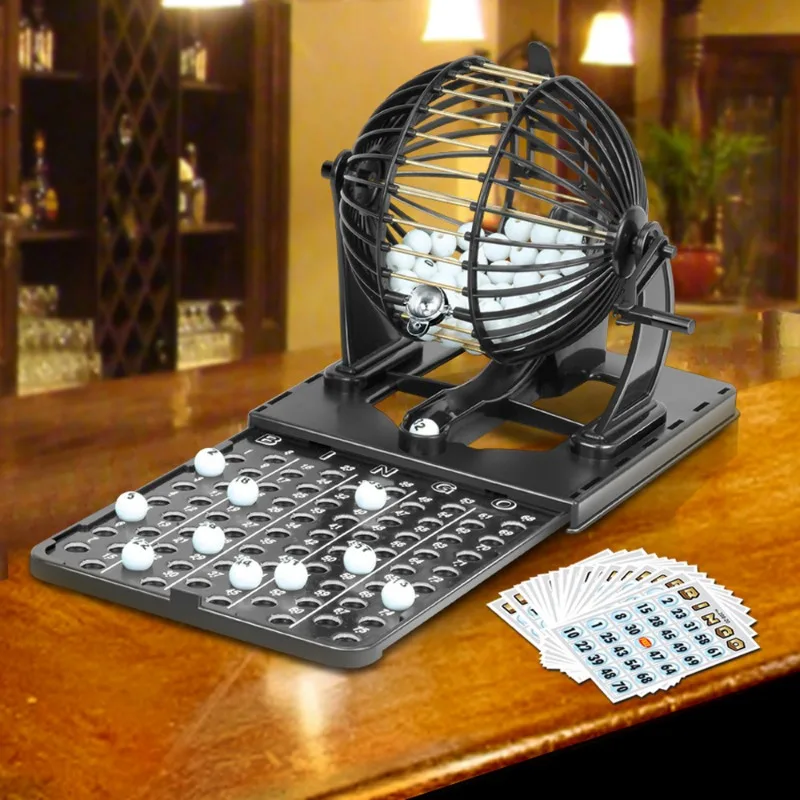 

Bingo 75 Ball Bingo Game Cage Set with Drum Cage, 20 Bingo Cards Game Lottery Machine Desktop Game Family Large Gathering