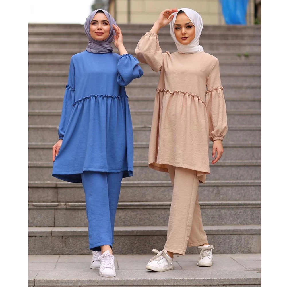 2 Piece Kaftan Dubai Abaya Turkey Muslim Fashion Hijab Dress Muslim Sets Islam Clothing Women Tops and Long Pants Female Outfits