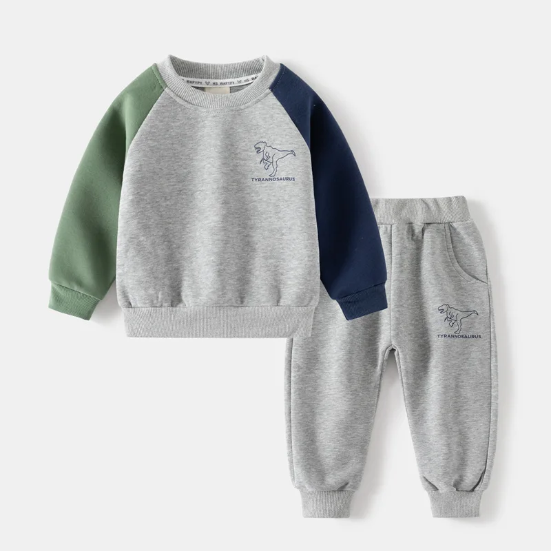 Boys' set wholesale 2024 new children's dinosaur print contrasting long sleeved set baby sports 2-piece set tide