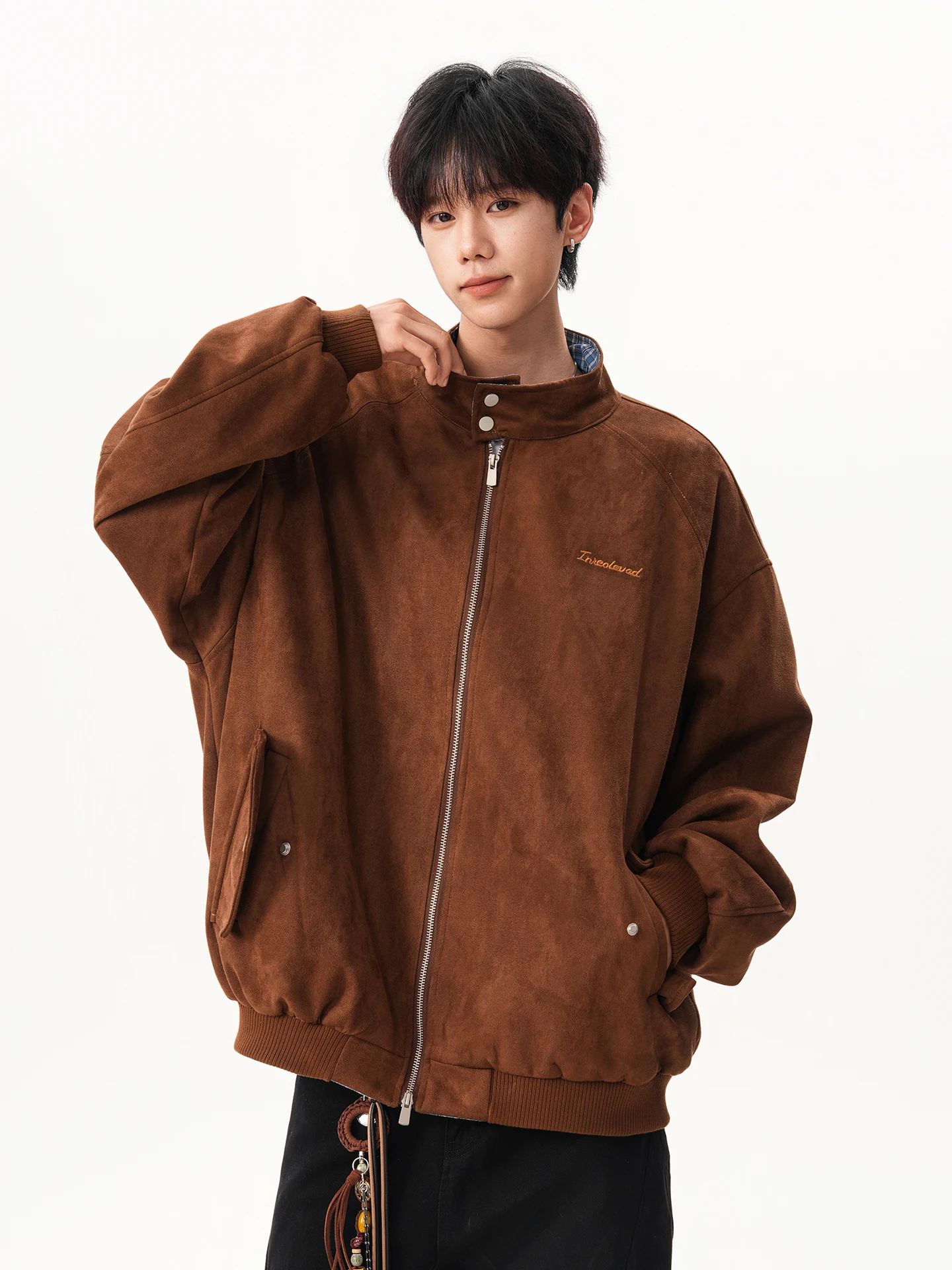 الربيع والخريف النمط الأمريكي الرجال الجلد المدبوغ منقوشة المرقعة بدوره إلى أسفل طوق القهوة سترة الرجعية فضفاضة سترة البيسبول الصفراء