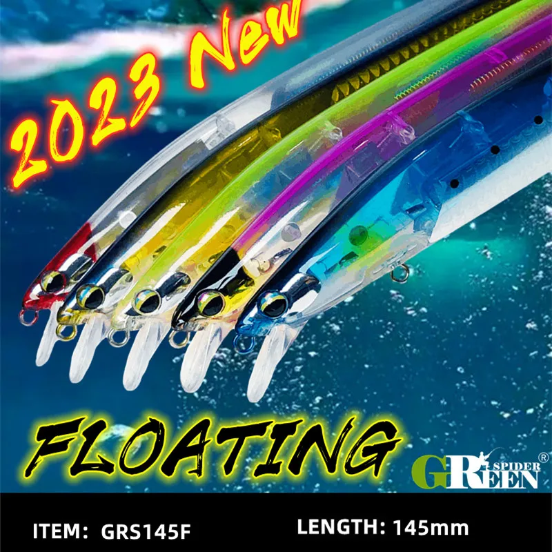 GREENSPIDER 2023 NEW Fishing Floatng Minnow 145mm 27g Flash Lures Flash Blade Sea Bass Lure Bait Floating Wobblers Crankbait