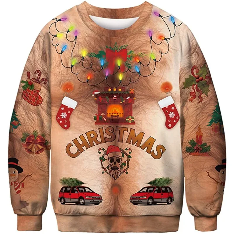 Ugly Christmas Pattern Sweatshirts For Men Novelty Funny Fashion 3D Printed Pullover Loose Hoodies Long Sleeves Round Neck Tops